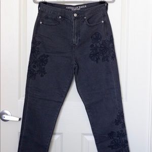 American Eagle Black Embroidered Mom Jeans